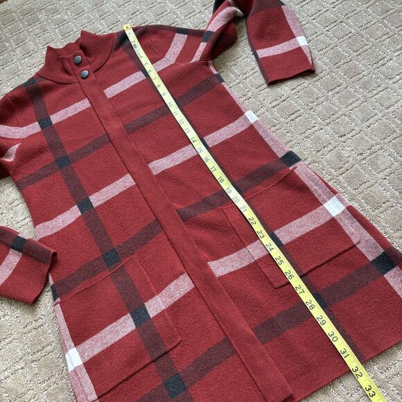 Tahari Plaid Mid Length Duster Jacket Women's S Fleece Red Orange Pockets Zip - Picture 6 of 10